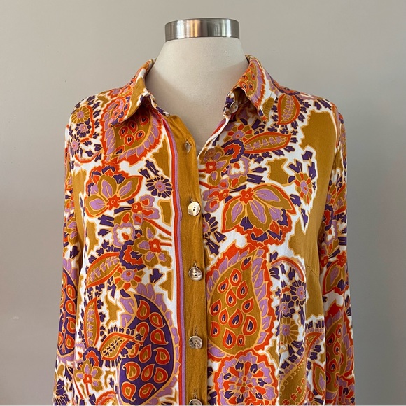 🚨FINAL SALE🚨 Rachel Zoe Long Sleeve Button Down Blouse Floral Orange Red 70s L - Picture 3 of 8
